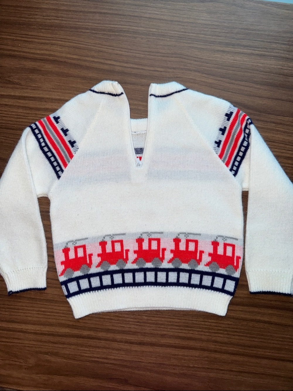 Vintage White Kids Sweater with Red and Navy Train Motif